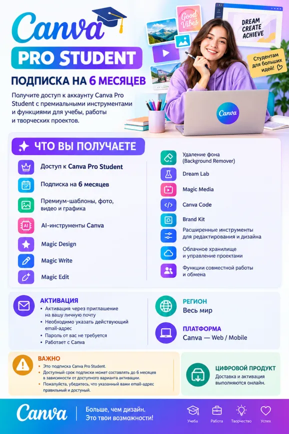 Подписка Canva Pro для студентов на 6 месяцев (на ваш личный email)