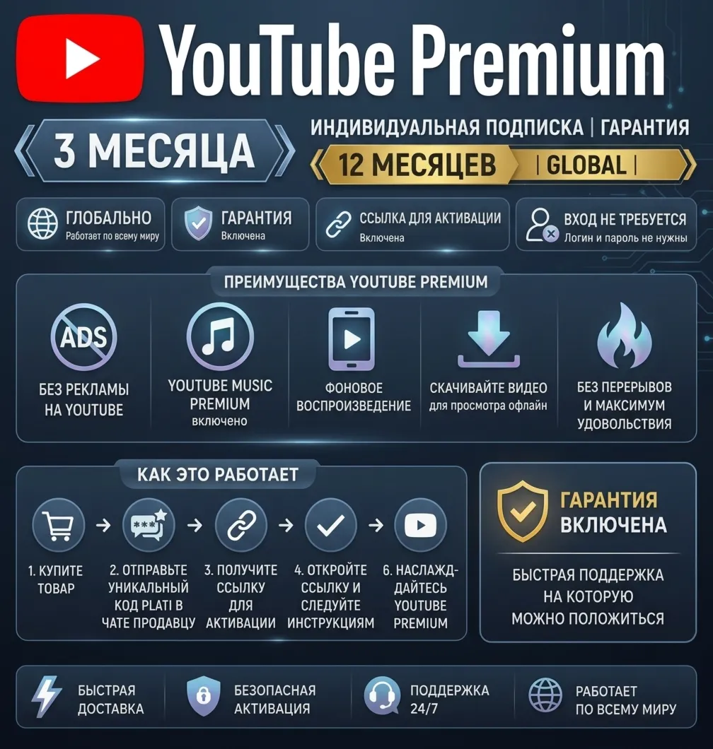 YouTube Premium на 3 / 12 месяц | Индивидуально | Ссылка | Без карты | Без входа
