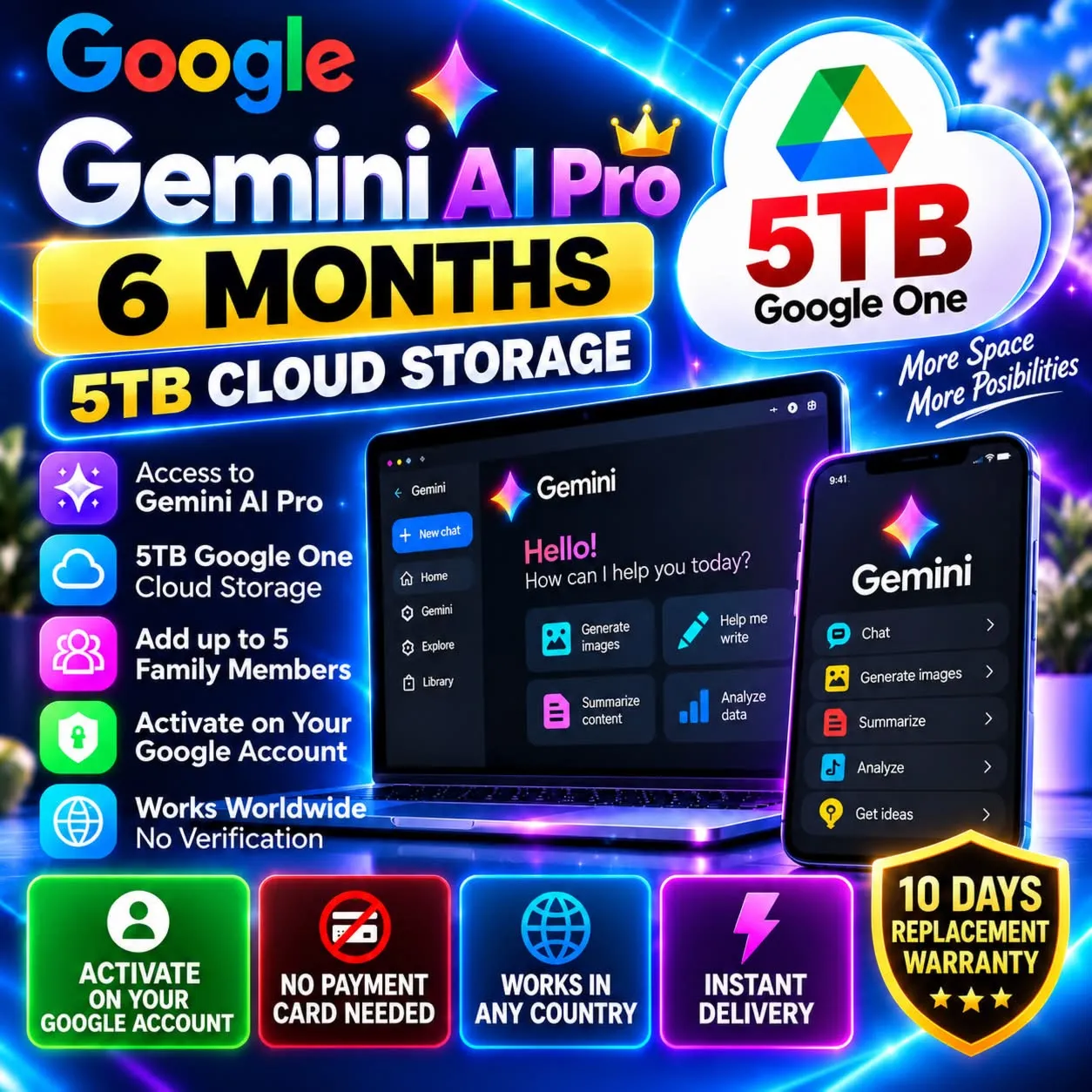 Gemini AI Pro 6 месяцев 5 ТБ Активация на ваш Google аккаунт