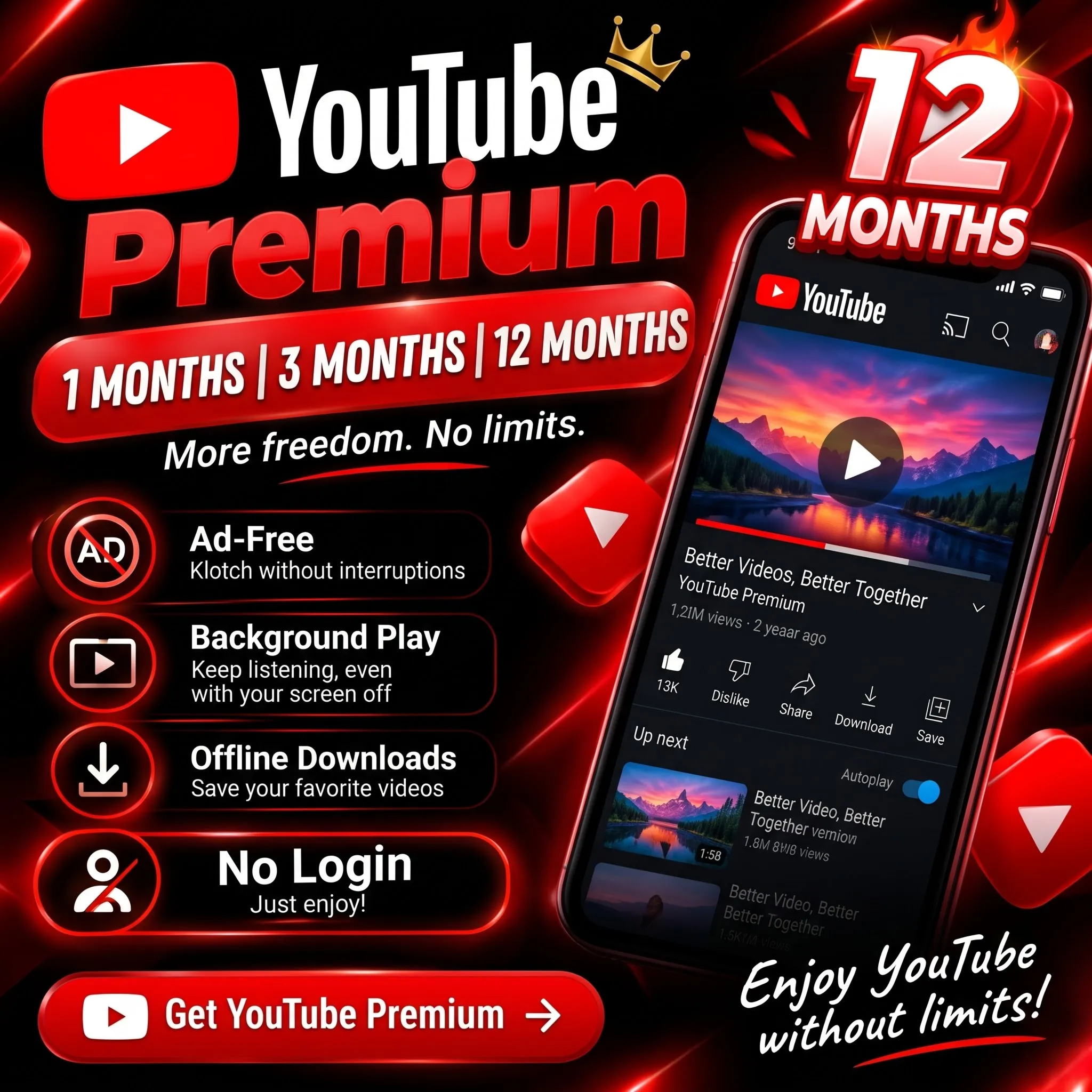 YouTube Premium 1/3/12 месяцев | Активация по ссылке на ваш аккаунт