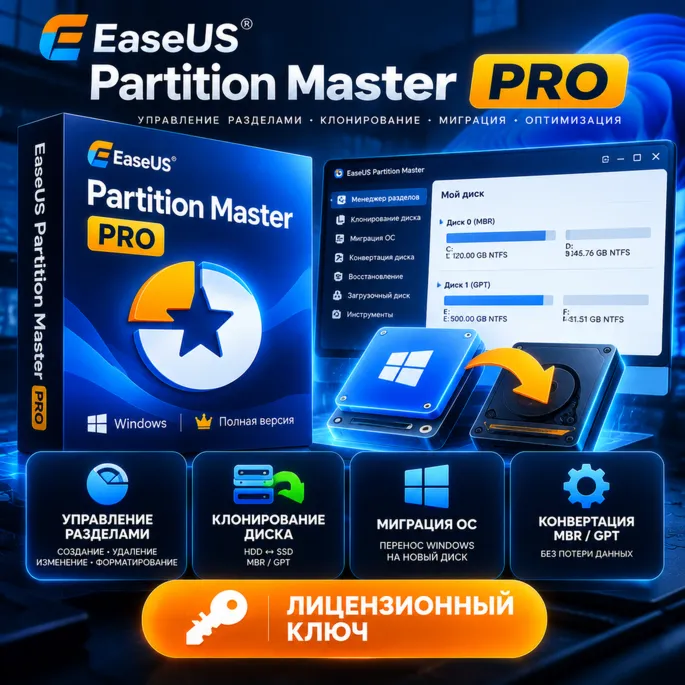 EaseUS Partition Master PRO Лицензионный ключ [Windows • Клонирование MBR/GPT]