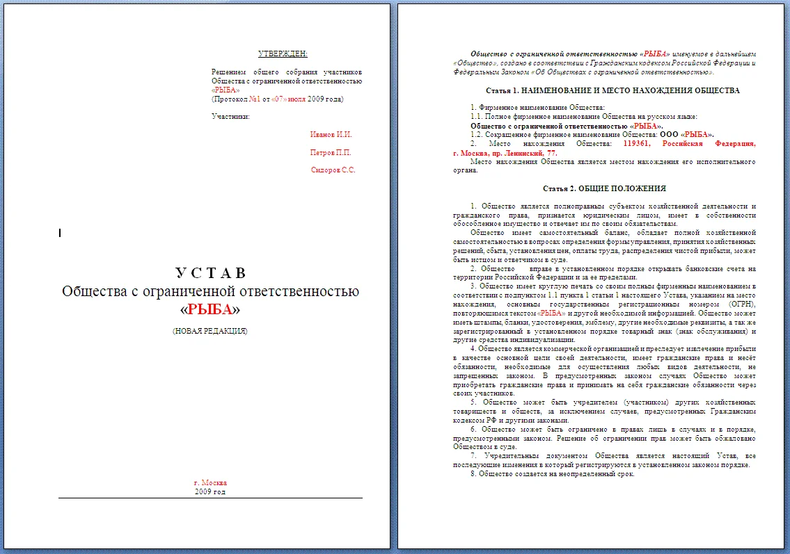 перерегистрация ООО 2009 г. Типовой Устав.