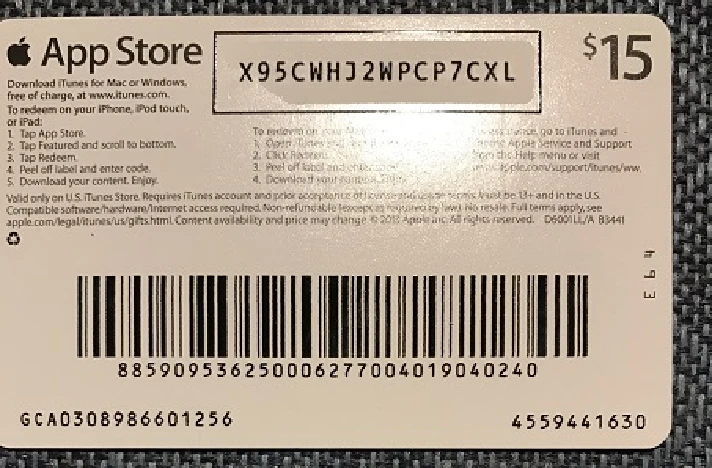 iTunes Gift Card $15 USA = Photo of the back side!SALE