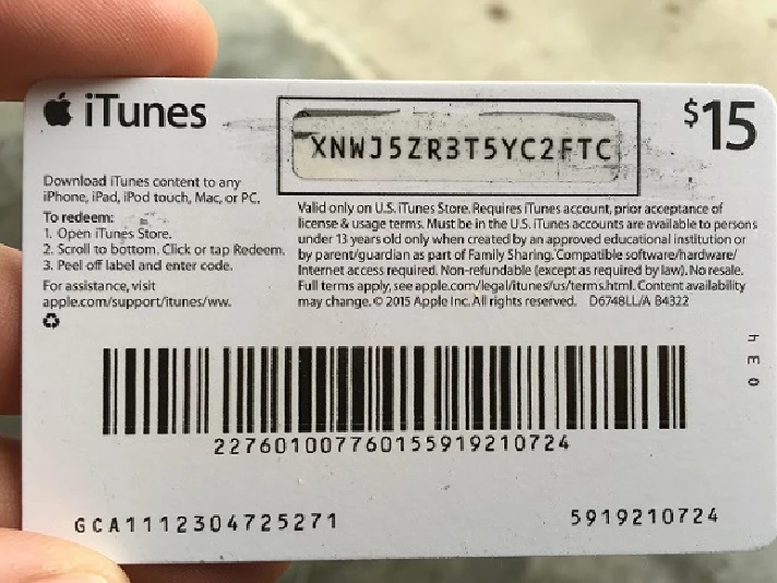 iTunes Gift Card $15 USA = Photo of the back side!SALE