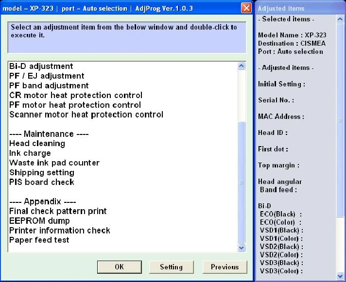 XP225, XP322, XP323, XP422, XP423 Adjustment Program