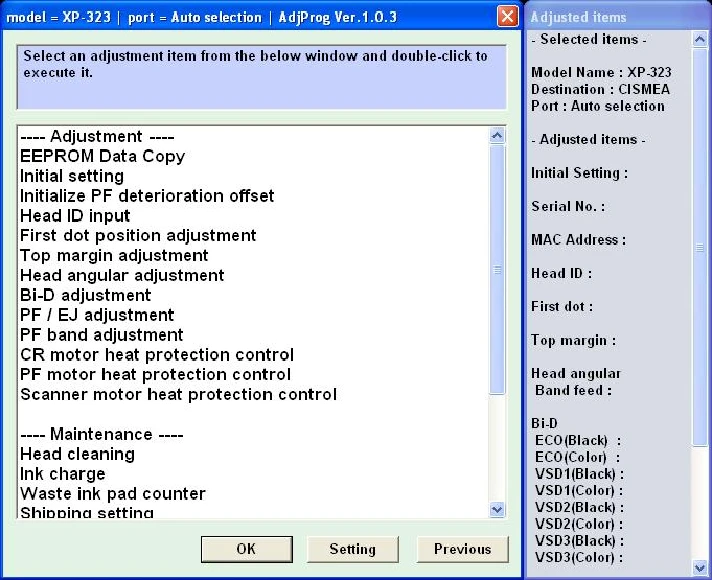 XP225, XP322, XP323, XP422, XP423 Adjustment Program