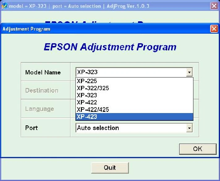 XP225, XP322, XP323, XP422, XP423 Adjustment Program