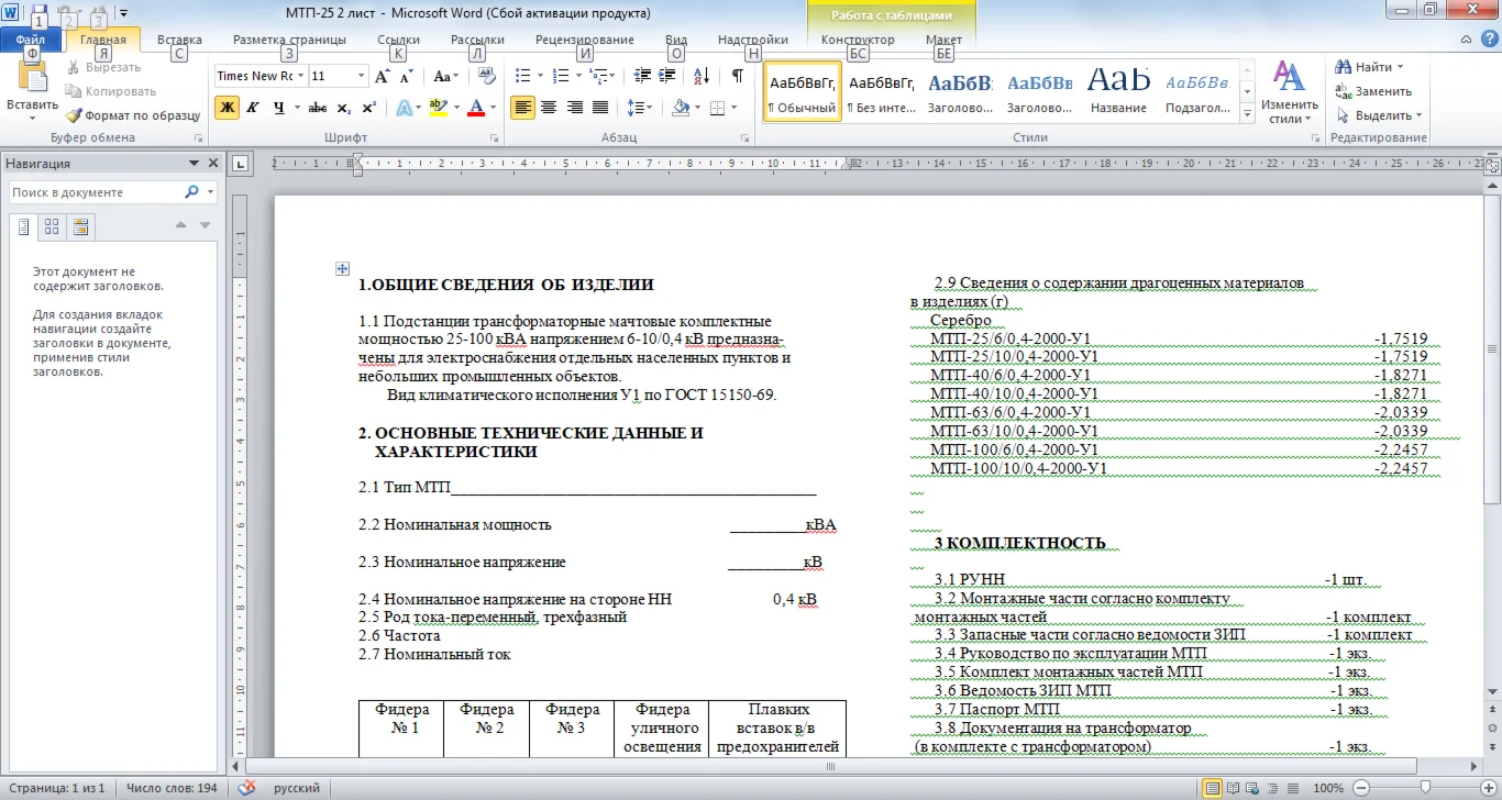Бланк паспорта на Мачтовые подстанции МТП