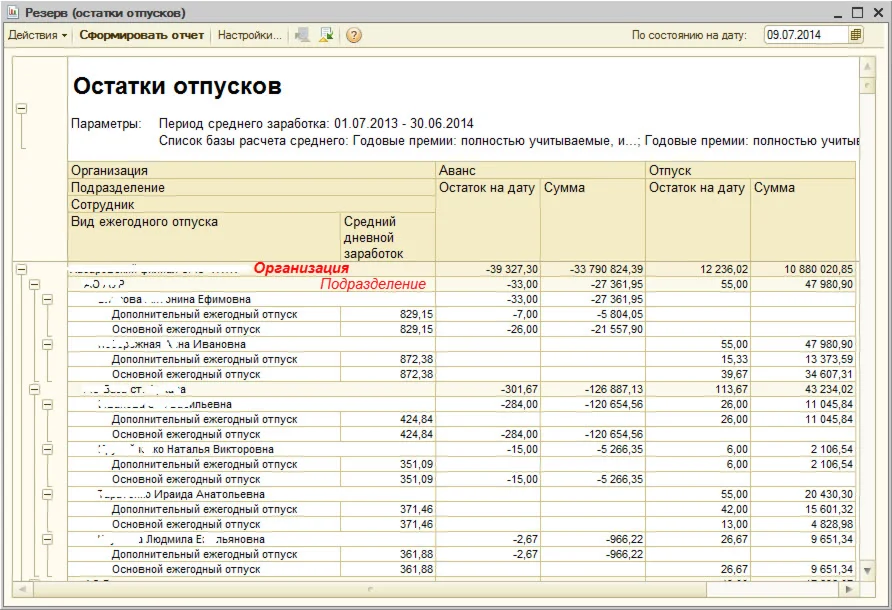 Отчет по резервам предстоящих отпусков ЗУП 2.5, УПП 1.3