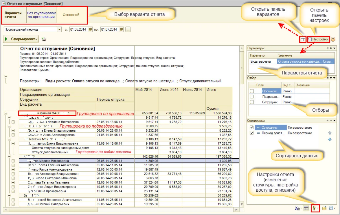 Отчет начисление отпускных по месяцам для УПП, ЗУП