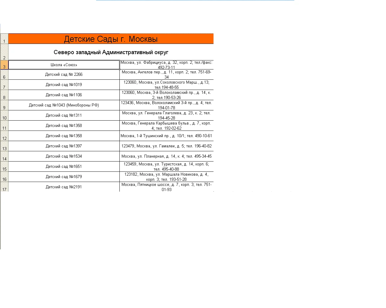 База по Детским Садам г. Москвы