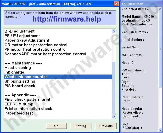 Epson XP530, XP630, XP635, XP830 Adjustment Program