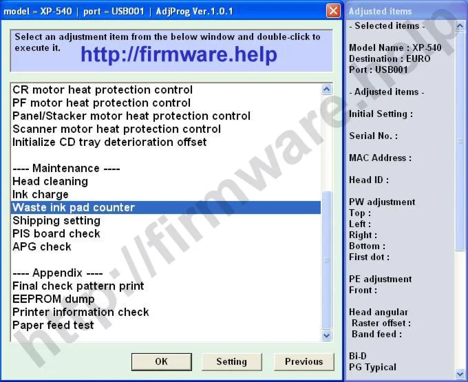 Epson XP-540, XP-640, XP-645 Adjustment Program