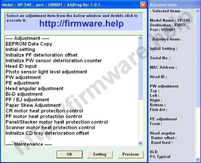 Epson XP-540, XP-640, XP-645 Adjustment Program