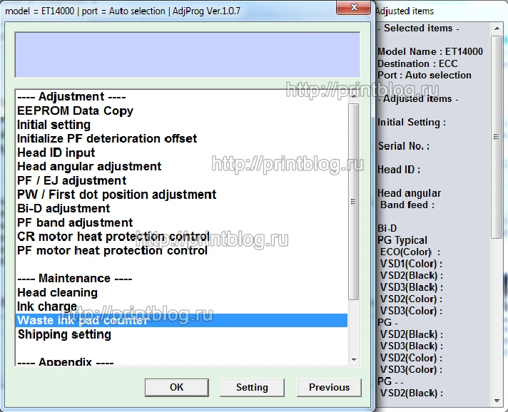 Adjustment program Epson ECOTANK ET-14000 waste ink res