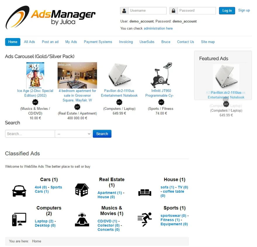 Adsmanager GOLD v3.1.8 - доска объявления для Joomla