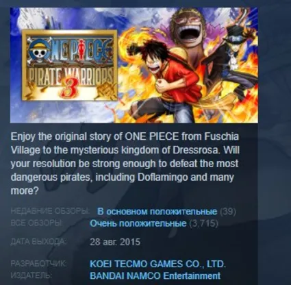 One Piece Pirate Warriors 3 STEAM KEY РФ+СНГ СТИМ КЛЮЧ ЛИЦЕНЗИЯ