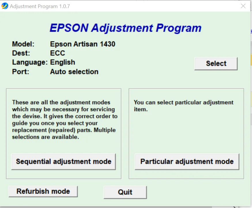 Epson Artisan 1430, 1430W Adjustment program