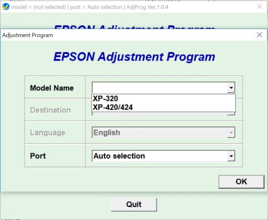 Epson XP320, XP420, XP424 Adjustment Program