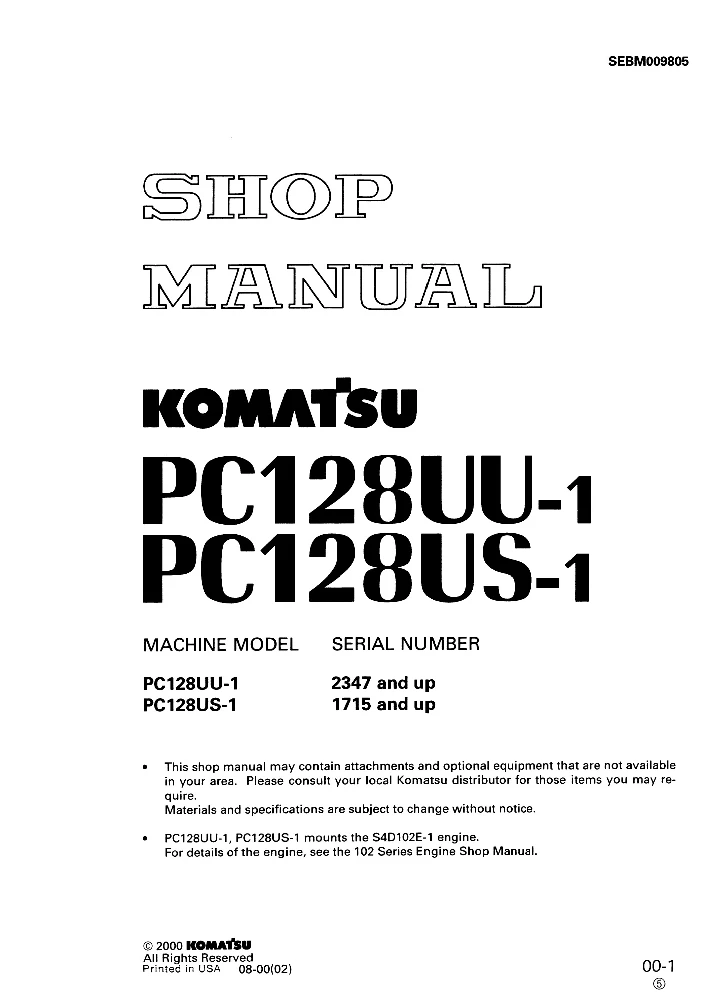 Komatsu PC128UU-1, US-1 Shop Manual