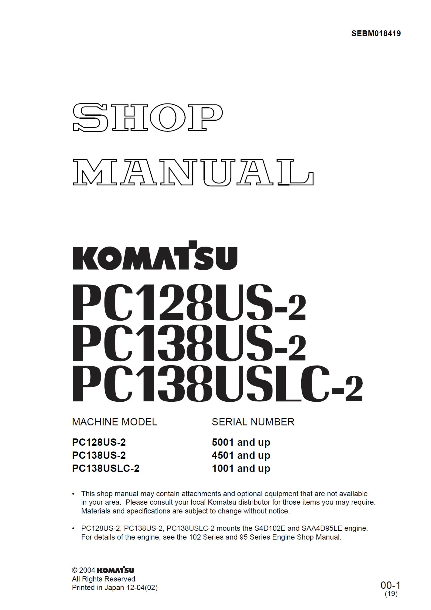 Komatsu PC128US-2, PC138US-2, USLC-2 Shop Manual