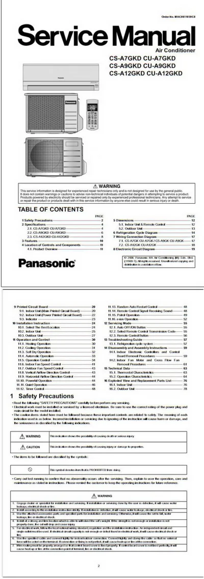 Service Manual кондиционеров CS-A7GKD CU-A7GKD CS-A9GKD
