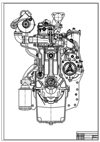 Продольный и поперечный разрезы двигателя 4 ЧН 11/12,5