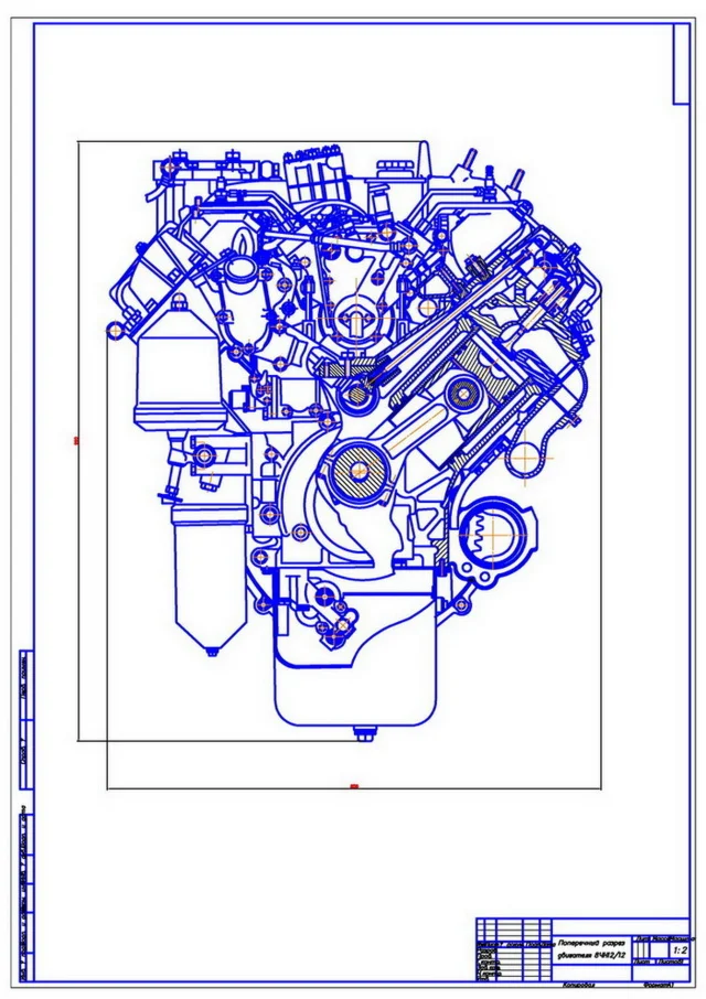 Продольный и поперечный разрезы двигателя 8ЧН 12/12