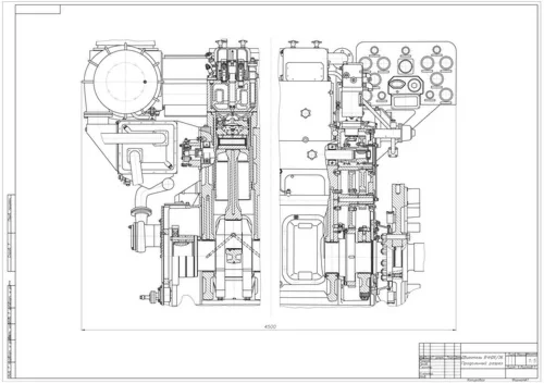 Продольный и поперечный разрезы двигателя 8ЧН 26/34