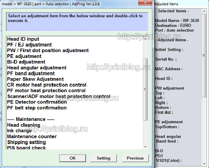 Adjustmen program Epson WF-3620, WF-3640