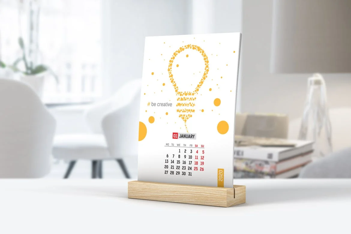 Desk Calendar With Wooden Stand Mockup