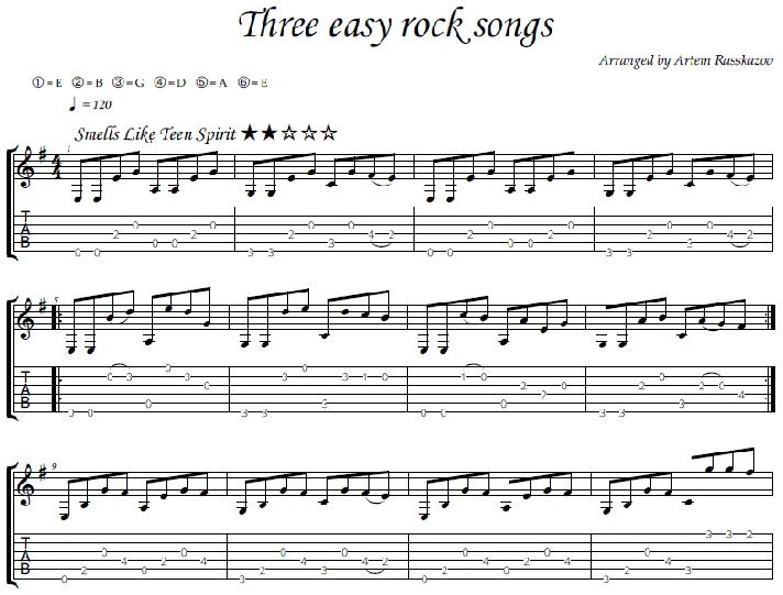 3 easy rock songs - guitar notes+tabs