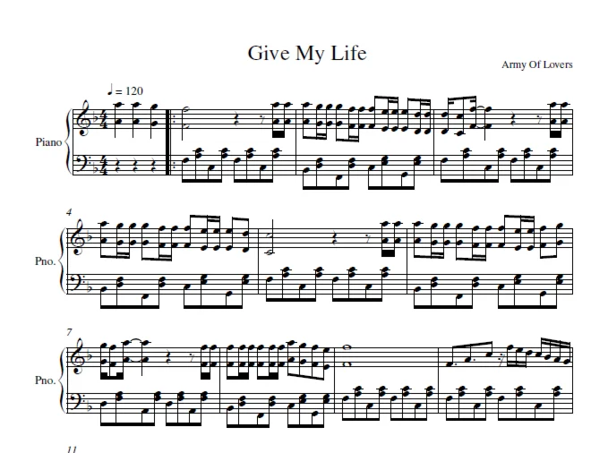Army Of Lovers - Give My Life piano sheet music