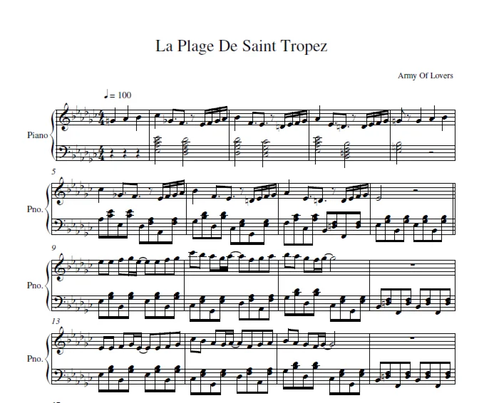 Army Of Lovers - La Plage De Saint Tropez (piano sheet)