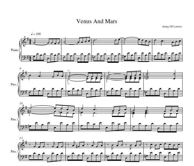 Army Of Lovers - Venus And Mars (sheet music for piano)