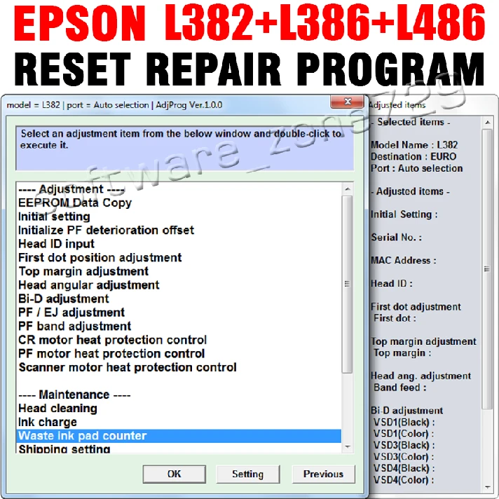 RESET EPSON L382 L386 L486 (EURO VERSION) ♕