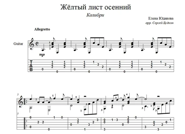 Жёлтый лист осенний (Колибри) для гитары