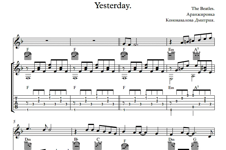 Yesterday. Ноты дуэта гитара + флейта.