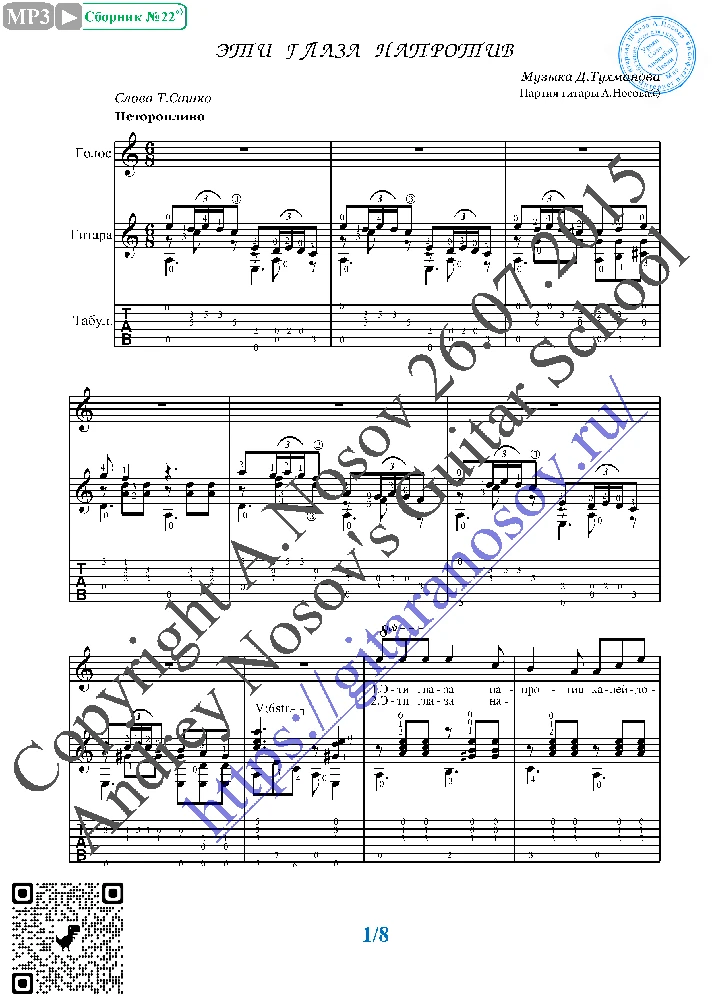 Eti glaza naprotiv (Vocals Guitar Sheet Music Tabs)