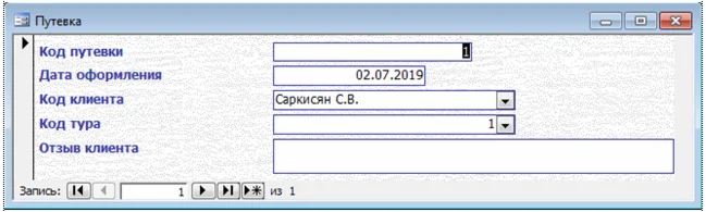 База данных Туристическое агентство Access