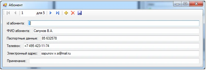 База данных Учет абонентов C#