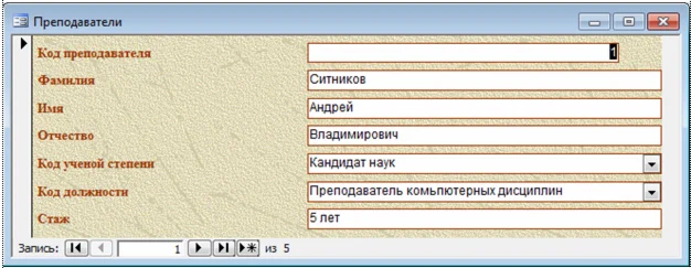 База данных Нагрузка преподавателей ВУЗа Access