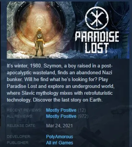 Paradise Lost STEAM KEY GLOBAL (КРОМЕ РФ,РБ)