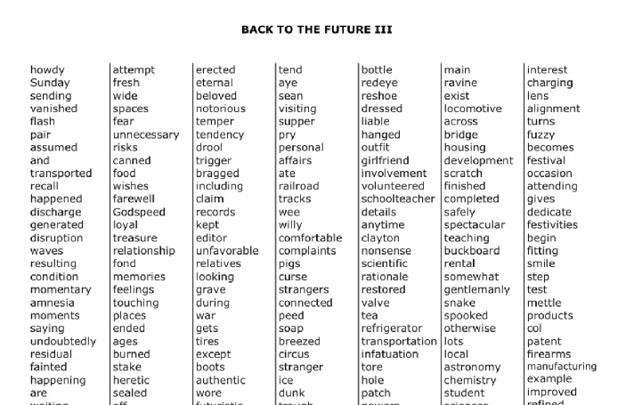 BACK TO THE FUTURE.  List of words of the trilogy.