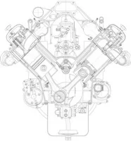 Поперечный разрез двигателя V8, Dцил=130 мм, S=140 мм, 2 клапана на цилиндр, формат Компас .cdw