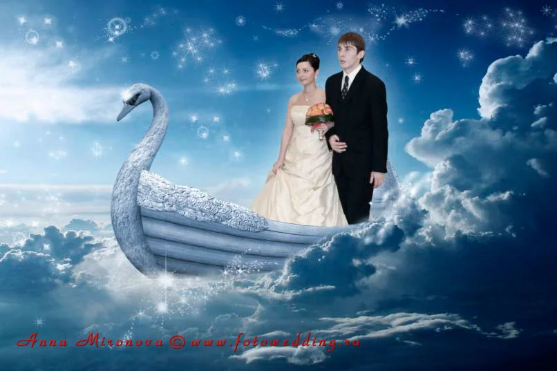 Коллаж Лебедь в облаках