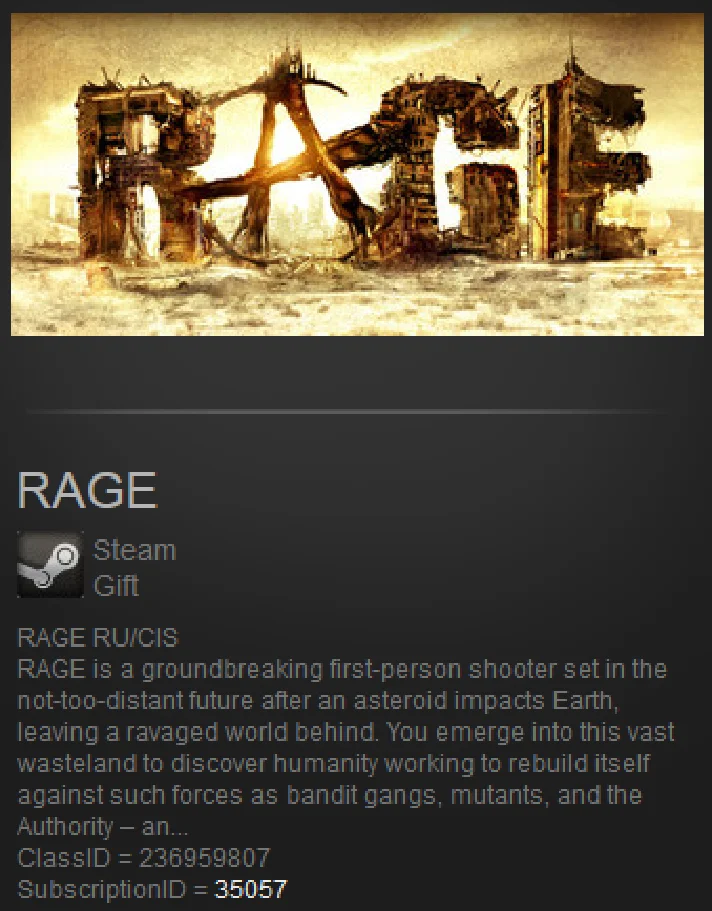 RAGE (Steam Gift / ROW / Region Free)
