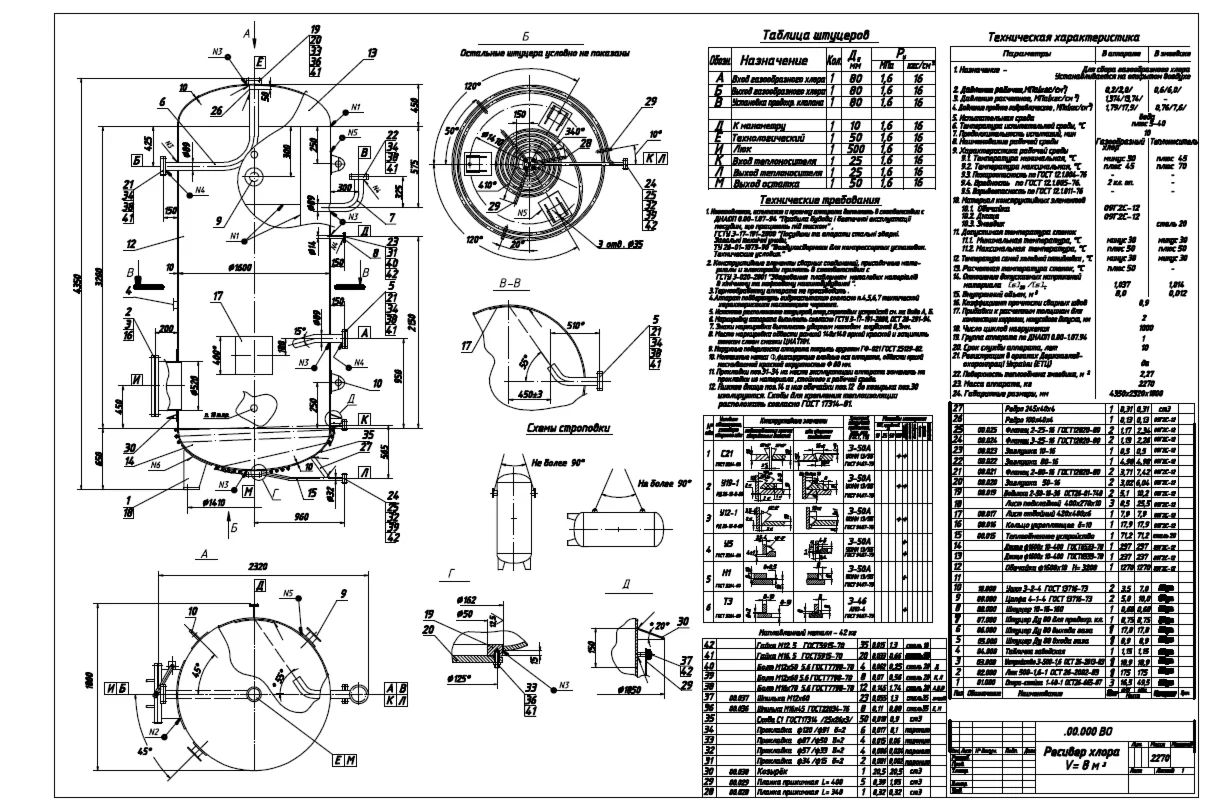 Чертеж ресивера хлора  V= 8 м3