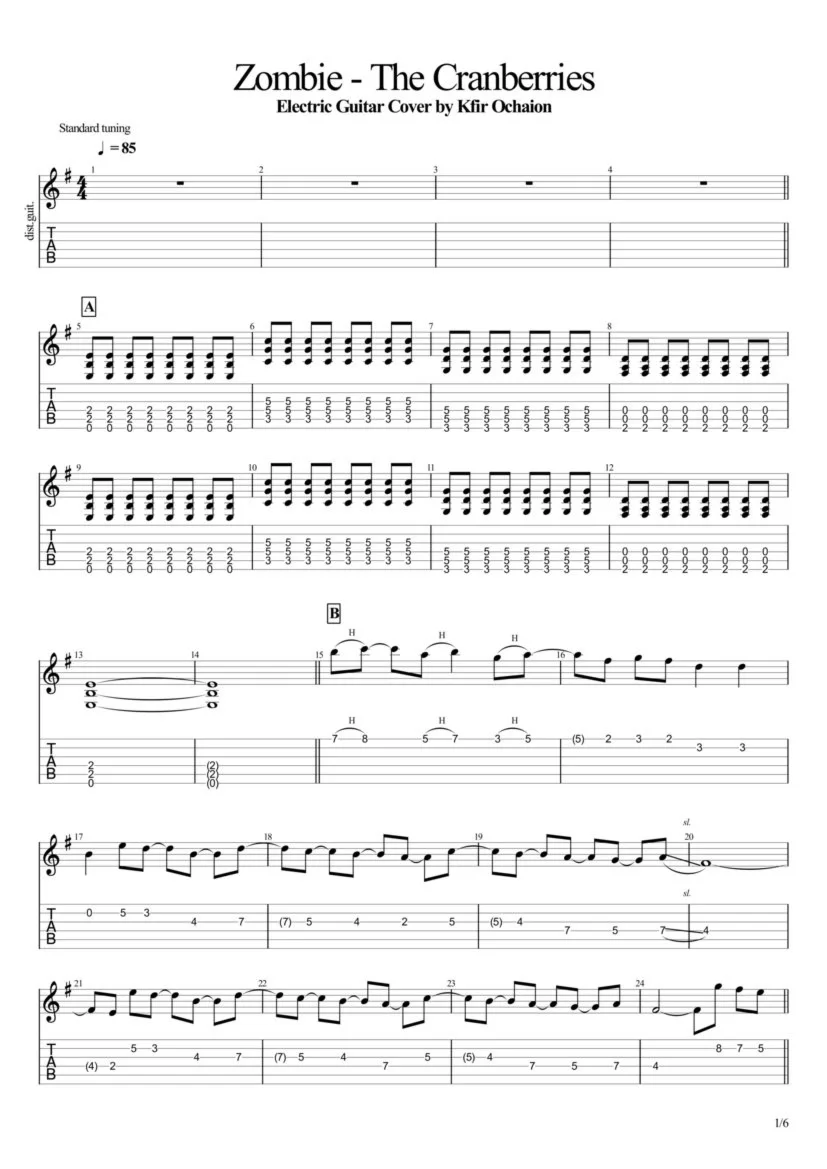 Табы Kfir Ochaion - The Cranberries - Zombie - Electric