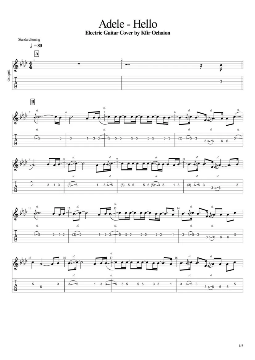 Табы Kfir Ochaion - Adele - Hello - Electric Guitar